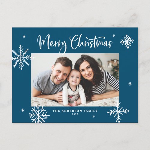 Whimsical Snowflakes Blue Merry Christmas Photo Holiday Postcard