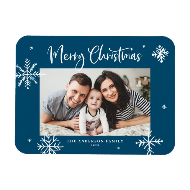 Whimsical Snowflakes Blue Merry Christmas Photo Magnet (Horizontal)