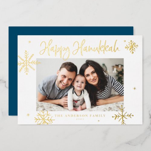 Whimsical Snowflakes Happy Hanukkah Photo Foil Holiday Card