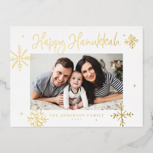 Whimsical Snowflakes Happy Hanukkah Photo Foil Holiday Postcard