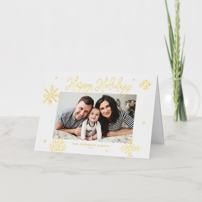 Whimsical Snowflakes Happy Holidays Photo Foil Holiday Card (Front)