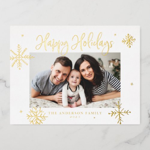Whimsical Snowflakes Happy Holidays Photo Foil Holiday Postcard