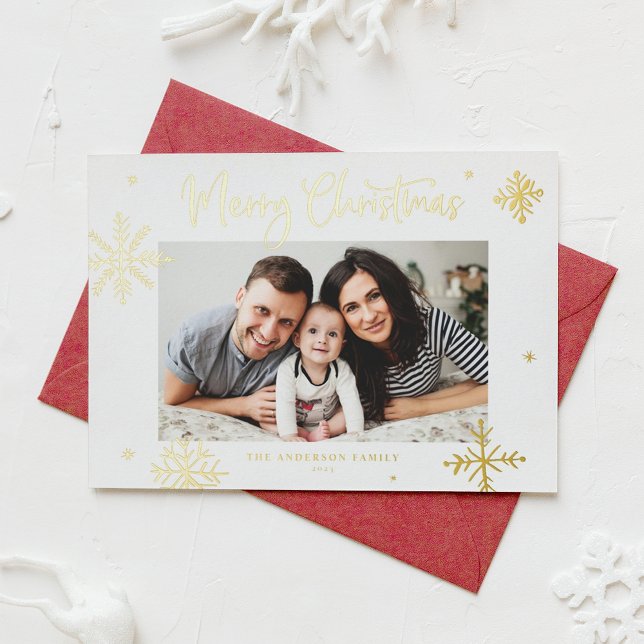 Whimsical Snowflakes Photo Overlay Merry Christmas Foil Holiday Card (Creator Uploaded)