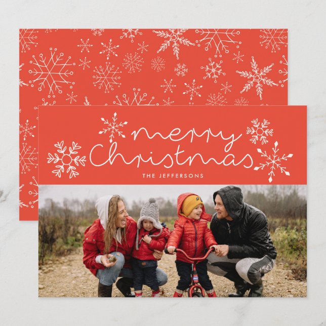Whimsical Snowflakes Red Christmas Photo Card (Front/Back)