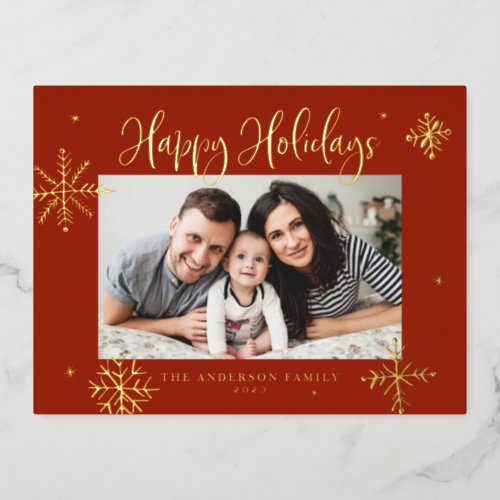 Whimsical Snowflakes Red Happy Holidays Photo Foil Holiday Postcard