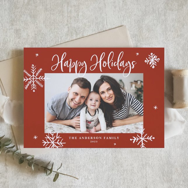 Whimsical Snowflakes Red Happy Holidays Photo Holiday Card (Creator Uploaded)