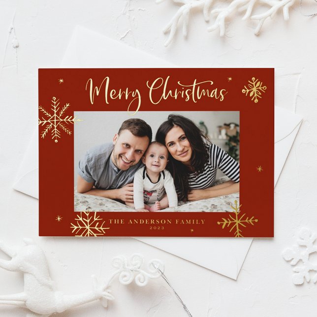 Whimsical Snowflakes Red Merry Christmas Photo Foil Holiday Card (Creator Uploaded)