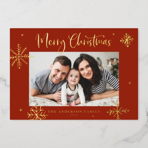Whimsical Snowflakes Red Merry Christmas Photo Foil Holiday Card