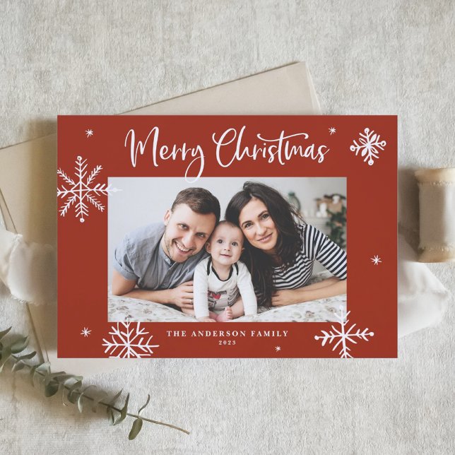 Whimsical Snowflakes Red Merry Christmas Photo Holiday Card (Creator Uploaded)