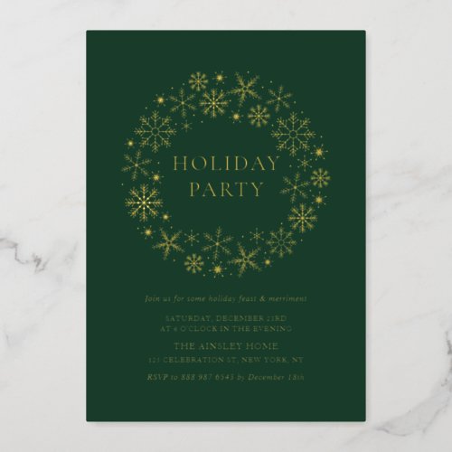 Whimsical Snowflakes Wreath Green Holiday Party Foil Invitation