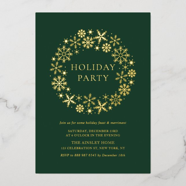 Whimsical Snowflakes Wreath Green Holiday Party Foil Invitation (Front)