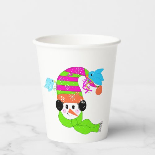 Whimsical Snowman and Birds Paper Cups