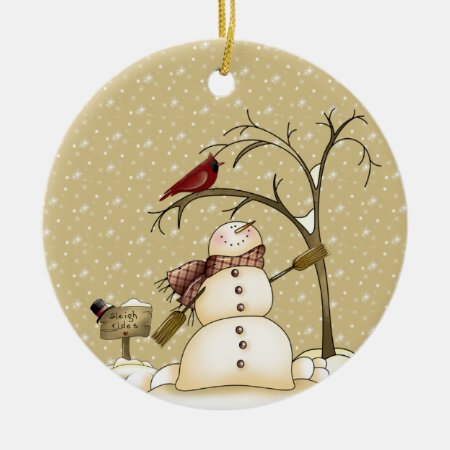 Whimsical Snowman And Red Bird Christmas Ceramic Ornament