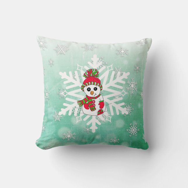 Whimsical Snowman and Snowflake Holiday Decor Throw Pillow (Front)