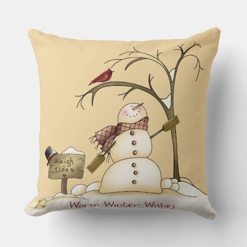 Whimsical Snowman Cardinal Sleigh Snow Tree Throw Pillow