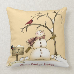 Whimsical Snowman Cardinal Sleigh Snow Tree Throw Pillow