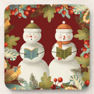 Whimsical Snowman Christmas Carols Floral Beverage Coaster