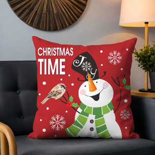 Whimsical Snowman Christmas Time Red Green Holiday Throw Pillow