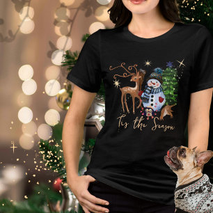 Whimsical Snowman & Deer Festive Holiday Women's Tri-Blend Shirt