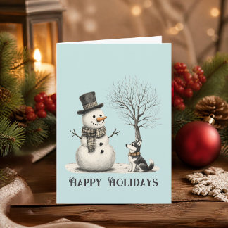 Whimsical Snowman & Husky Holiday Card