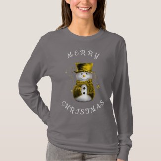 Whimsical Snowman in Gold Merry Christmas