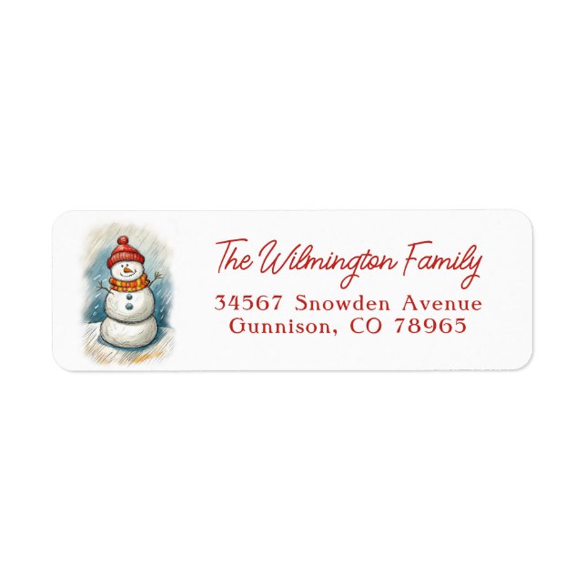 Whimsical Snowman in Orange Knit Cap and Scarf Label (Front)