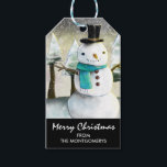 Whimsical Snowman in Winter Christmas Drawing Gift Tags<br><div class="desc">A gift tag with a cute drawing featuring a snowman wearing a cool top hat and scarf. The background has a line of whimsical snow-covered pine trees.</div>