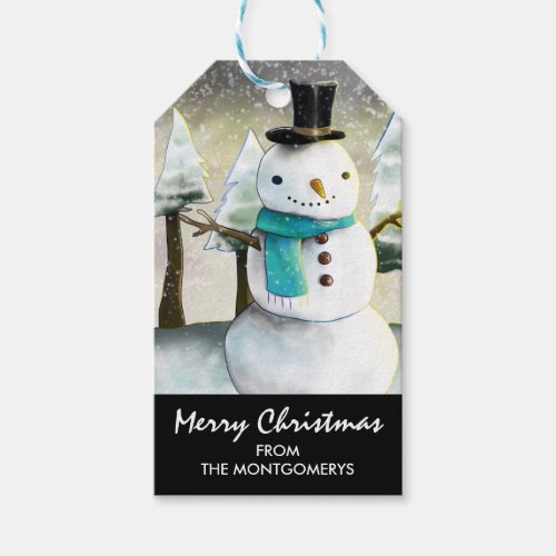 Whimsical Snowman in Winter Christmas Drawing Gift Tags