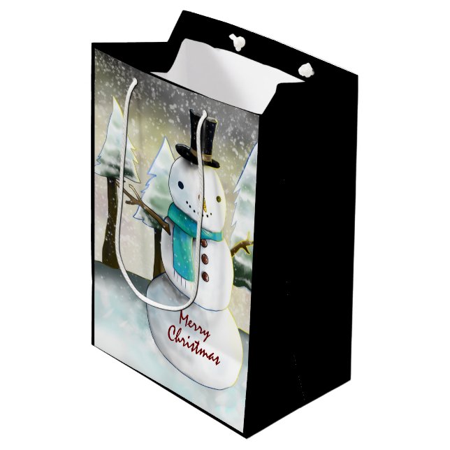 Whimsical Snowman in Winter Christmas Drawing Medium Gift Bag (Front Angled)