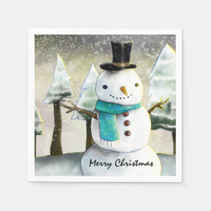 Whimsical Snowman in Winter Christmas Drawing Napkins