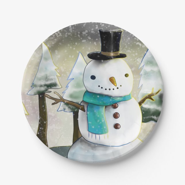 Whimsical Snowman in Winter Christmas Drawing Paper Plates (Front)