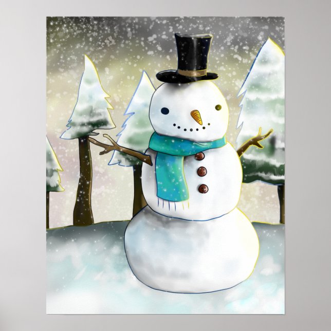 Whimsical Snowman in Winter Christmas Drawing Poster (Front)