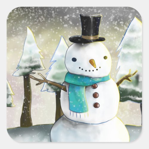 Whimsical Snowman in Winter Christmas Drawing Square Sticker