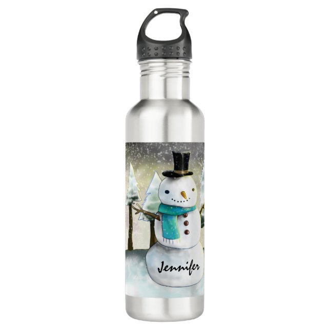 Whimsical Snowman in Winter Christmas Drawing Stainless Steel Water Bottle (Front)