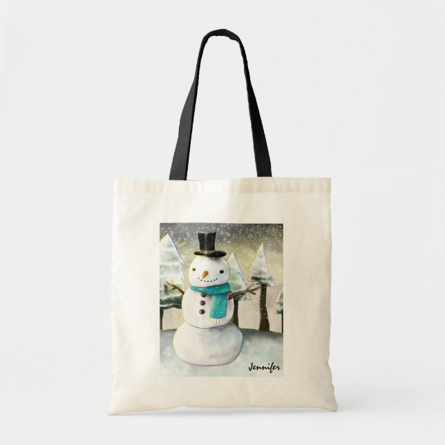 Whimsical Snowman in Winter Christmas Drawing Tote Bag (Front)