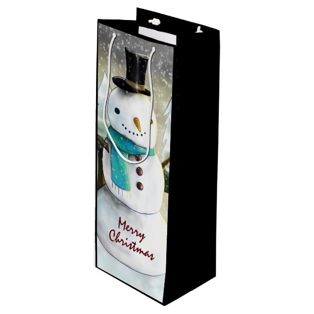 Whimsical Snowman in Winter Christmas Drawing Wine Gift Bag (Front Angled)