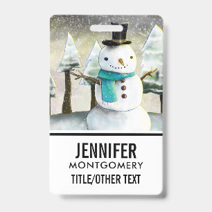 Whimsical Snowman in Winter Christmas Scene Badge