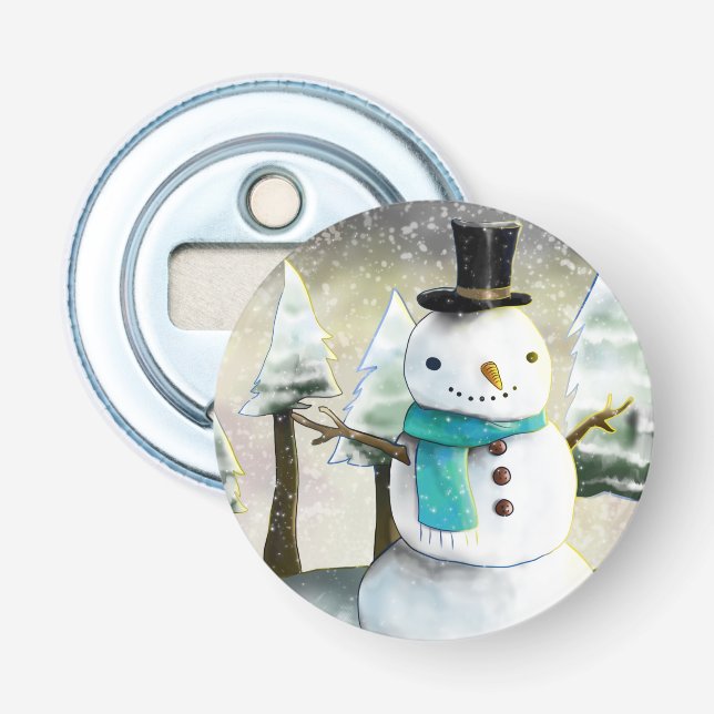 Whimsical Snowman in Winter Christmas Scene Bottle Opener (Front)