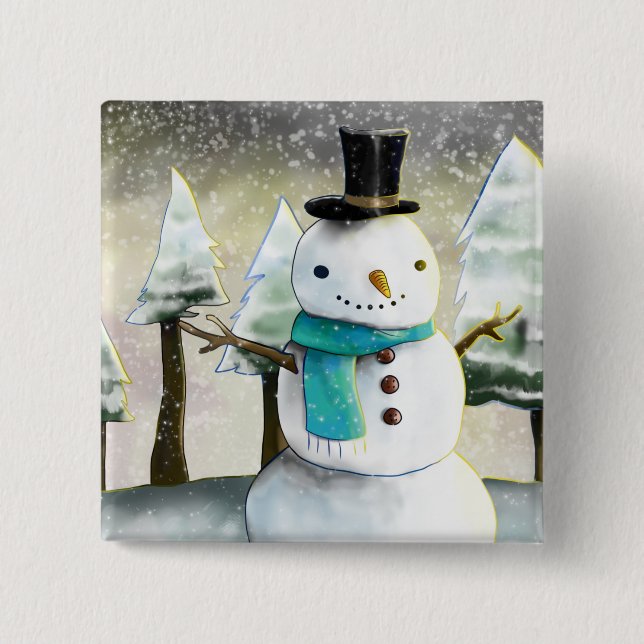 Whimsical Snowman in Winter Christmas Scene Button (Front)