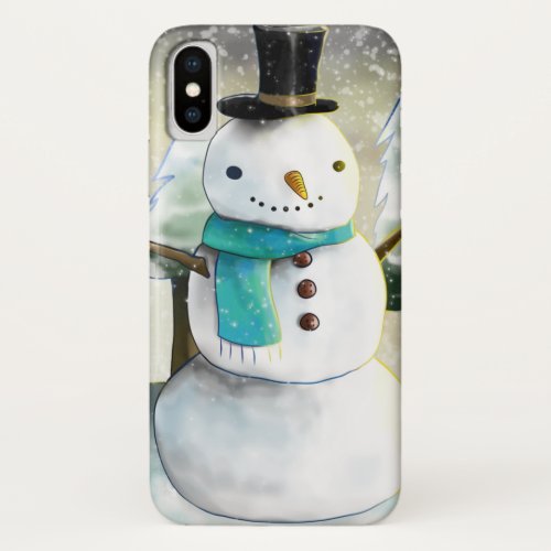 Whimsical Snowman in Winter Christmas Scene iPhone X Case