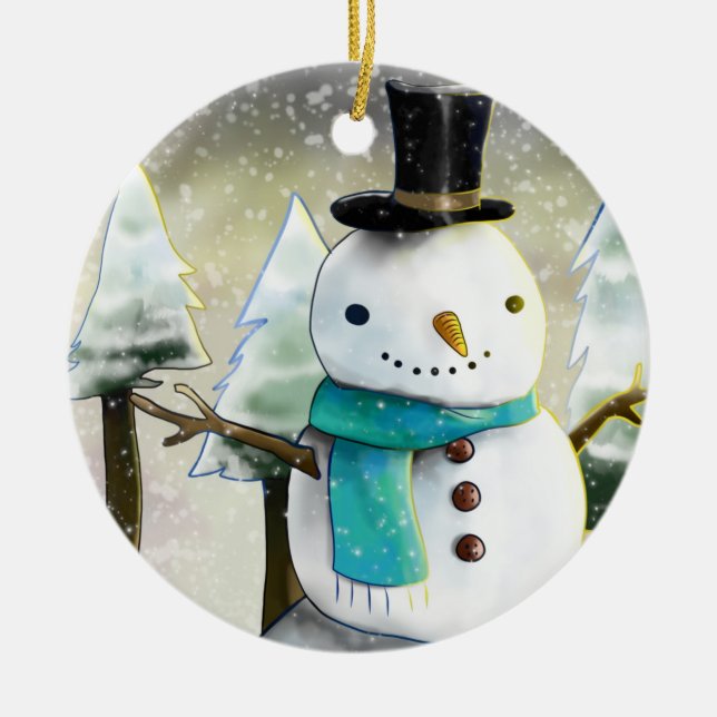 Whimsical Snowman in Winter Christmas Scene Ceramic Ornament (Front)