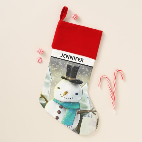 Whimsical Snowman in Winter Christmas Scene Christmas Stocking