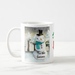 Whimsical Snowman in Winter Christmas Scene Coffee Mug<br><div class="desc">A mug with a cute drawing featuring a snowman wearing a cool top hat and scarf. The background has a line of whimsical snow-covered pine trees. A pair of crossed candy canes with a bow in the center with the snowman image on the left and right sides of the cup....</div>