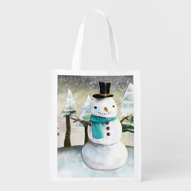 Whimsical Snowman in Winter Christmas Scene Grocery Bag (Front)