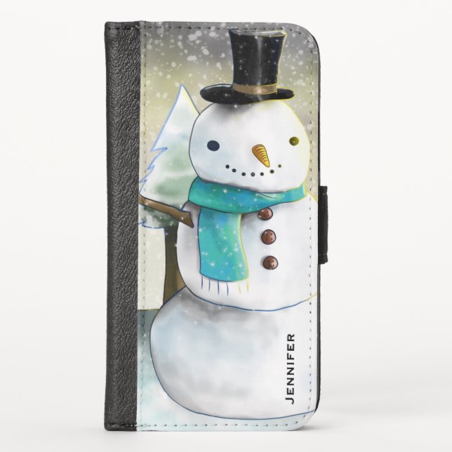 Whimsical Snowman in Winter Christmas Scene iPhone Wallet Case (Front)