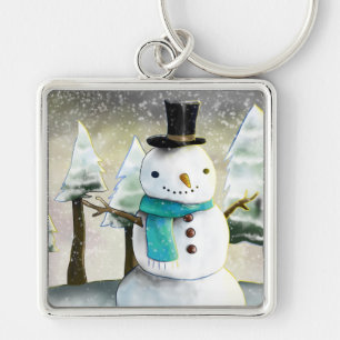 Whimsical Snowman in Winter Christmas Scene Keychain