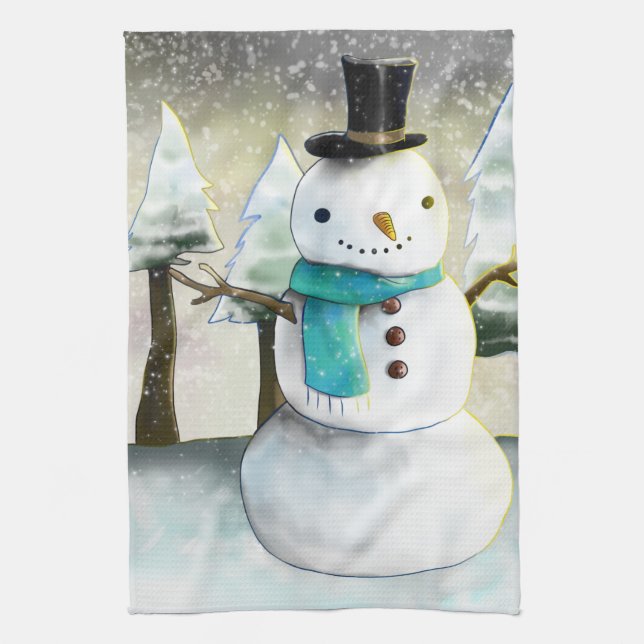 Whimsical Snowman in Winter Christmas Scene Kitchen Towel (Vertical)