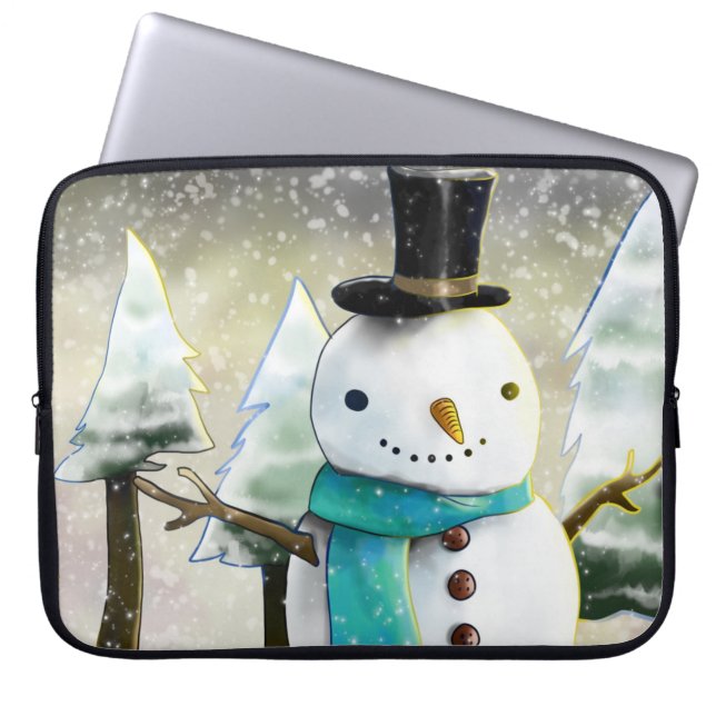 Whimsical Snowman in Winter Christmas Scene Laptop Sleeve (Front)