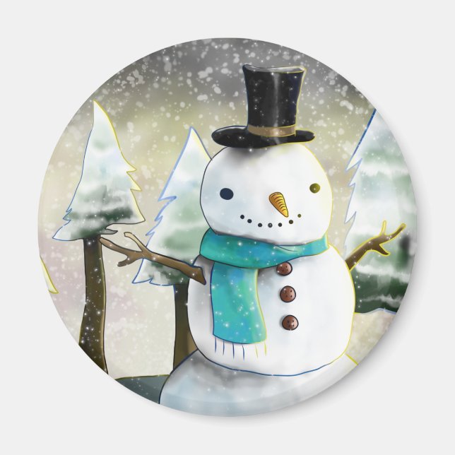 Whimsical Snowman in Winter Christmas Scene Magnet (Front)