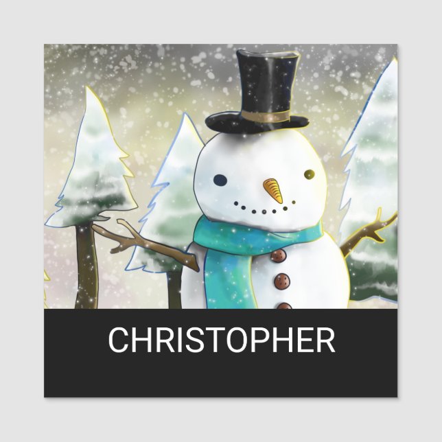 Whimsical Snowman in Winter Christmas Scene Name Tag (Front)